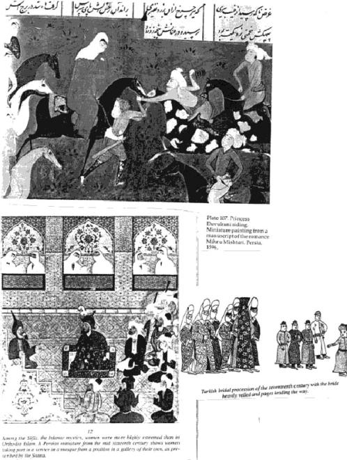 Top left: Princess Duvulrani Riding, from the manuscript of the romance Mihru Mishtari, Persia 1596.  Bottom Right: Turkish Bridal precession with paiges leading the way.  Bottom left: ...at the Mosque